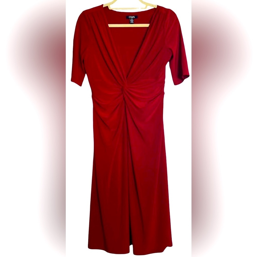 CHAPS Solid Valentines Red Short Sleeve Knot Front Midi Dress, Size Medium, GUC.